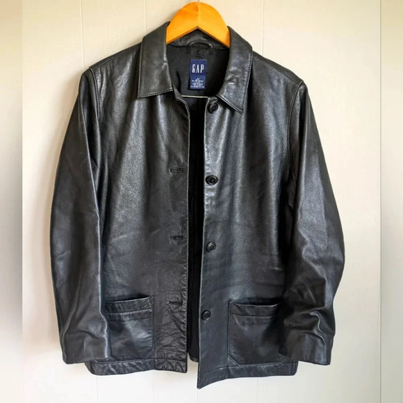 GAP Leather Jacket Coat in Black size Medium 90s Y2K Genuine Tailored Vintage